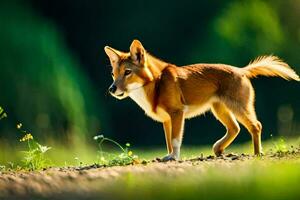 a dog is standing in the grass on a dirt road. AI-Generated photo