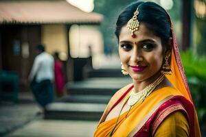 a woman in a traditional sari poses for a photo. AI-Generated photo