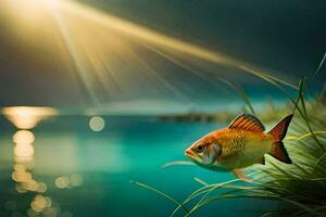 fish in the grass, sunset, water, grass, light, fish, sunset, water,. AI-Generated photo