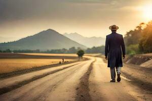 a man in a blue suit walks down a dirt road. AI-Generated photo