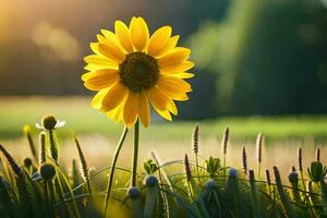 a single sunflower stands in the middle of a field. AI-Generated photo