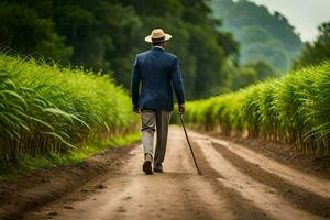 a man walking down a dirt road with cane. AI-Generated photo