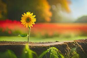 a single sunflower growing from a stump in a field. AI-Generated photo