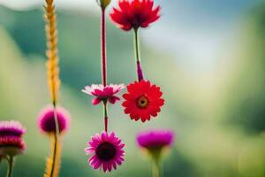 red flowers hanging from a string in front of a green background. AI-Generated photo