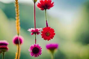 red flowers hanging from a string in front of a green background. AI-Generated photo