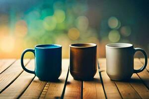 three coffee cups on a wooden table. AI-Generated photo