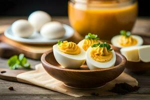 deviled eggs with mustard and mustard sauce in a bowl. AI-Generated photo