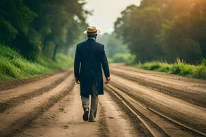 un hombre en un traje y sombrero caminando abajo un suciedad la carretera. generado por ai foto