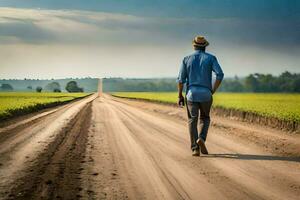 a man walking down a dirt road in the middle of a field. AI-Generated photo