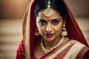 a beautiful indian woman wearing a red sari. AI-Generated photo