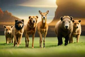 un grupo de animales en pie en un campo. generado por ai foto