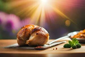 a chicken on a wooden cutting board with a spoon and a bowl of sauce. AI-Generated photo