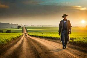 a man in a hat and coat walks down a dirt road. AI-Generated photo