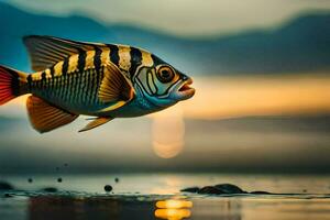 a fish is flying over the water at sunset. AI-Generated photo