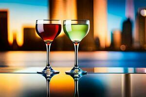 dos vino lentes con vistoso bebidas en un mesa en frente de un ciudad horizonte. generado por ai foto