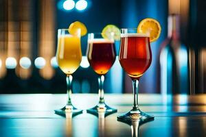 three glasses of different colored drinks on a table. AI-Generated photo