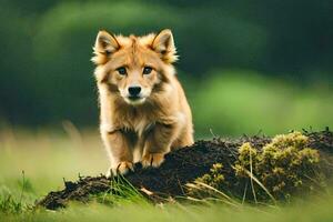 a small brown dog standing on top of a log. AI-Generated photo