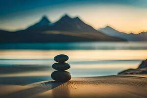 stacked stones on the beach at sunset. AI-Generated photo