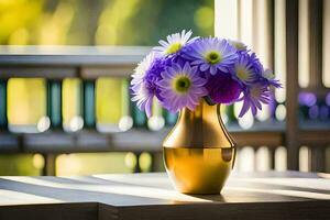 purple and yellow flowers in a gold vase on a table. AI-Generated photo