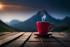 a cup of coffee on a wooden table in the mountains. AI-Generated photo