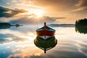 un barco en un lago a puesta de sol. generado por ai foto