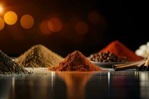 various spices and spices on a table. AI-Generated photo