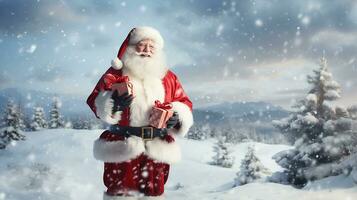 Cheerful santa claus with presents Standing vector art generated by Ai photo