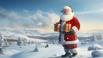 alegre Papa Noel claus con regalos en pie vector Arte generado por ai foto