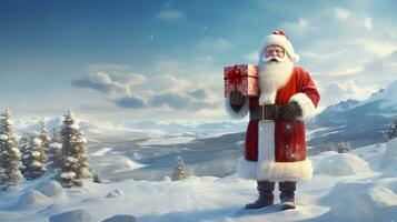alegre Papa Noel claus con regalos en pie vector Arte generado por ai foto