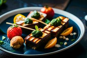 un plato con comida en eso y un cuchillo. generado por ai foto