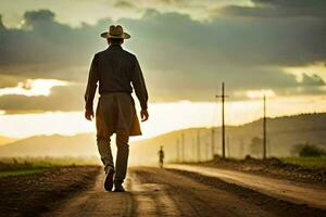 un hombre en un sombrero camina abajo un suciedad la carretera. generado por ai foto