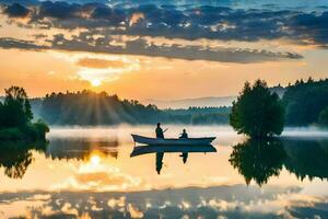 two people in a boat on a lake at sunset. AI-Generated photo