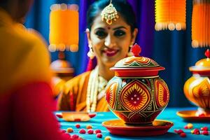 a woman in traditional indian attire is holding a pot. AI-Generated photo