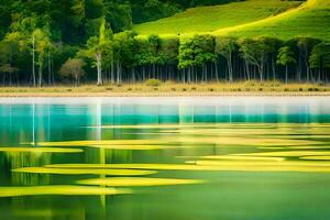 un lago con verde agua lirios y arboles generado por ai foto