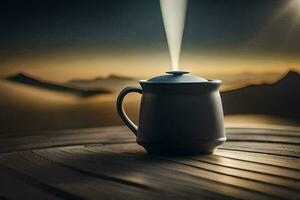 a coffee pot on a table with a light shining from it. AI-Generated photo