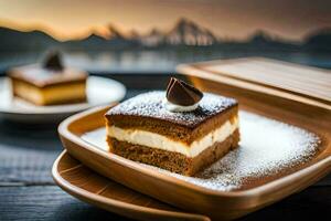 a dessert on a wooden tray with a view of the mountains. AI-Generated photo