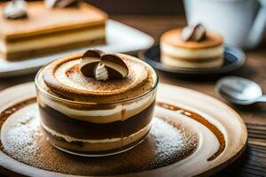 a dessert in a glass jar on a wooden table. AI-Generated photo