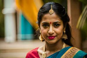 a woman in a sari with gold jewelry. AI-Generated photo