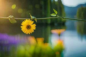 yellow flower on a branch by the water. AI-Generated photo
