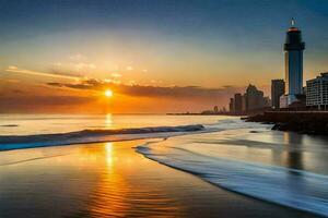 the sun sets over the ocean and a city skyline. AI-Generated photo