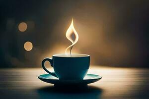 a cup of coffee with a flame coming out of it. AI-Generated photo