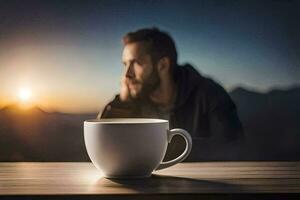 hombre sentado a un mesa con un café taza. generado por ai foto