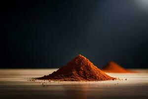 un pila de rojo chile polvo en un de madera mesa. generado por ai foto