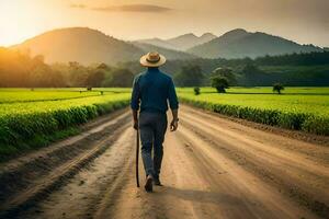 a man walks on a dirt road in a field. AI-Generated photo