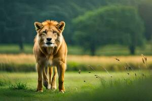 un león caminando en un campo. generado por ai foto