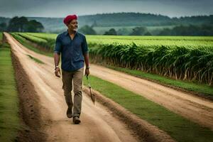 a man in a turban walking down a dirt road. AI-Generated photo