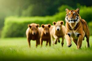 a tiger running with other animals in the grass. AI-Generated photo