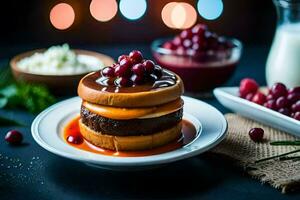 a hamburger with cranberries and gravy on a plate. AI-Generated photo