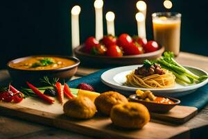 a table with food and candles on it. AI-Generated photo