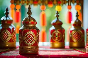 many red and gold vases are lined up on a table. AI-Generated photo